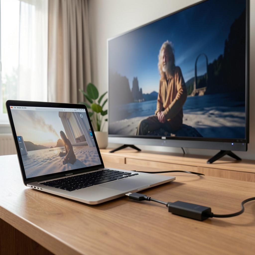 USB-C HDMI adapter priključen na laptop prikazuje 4K video na televizoru