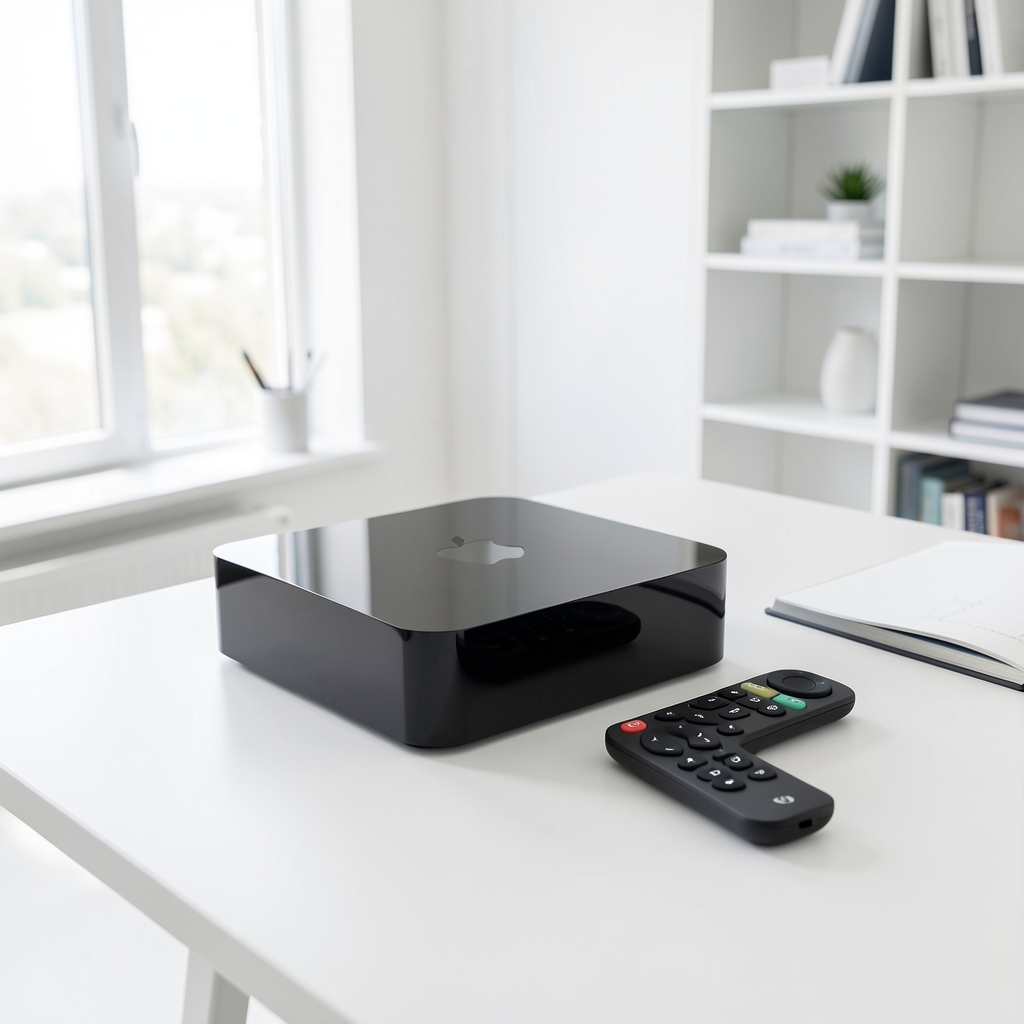 Apple TV 4K 3. generacija crna mala kutija sa Siri Remote daljinskim upravljačem na bijeloj pozadini sa Apple logom