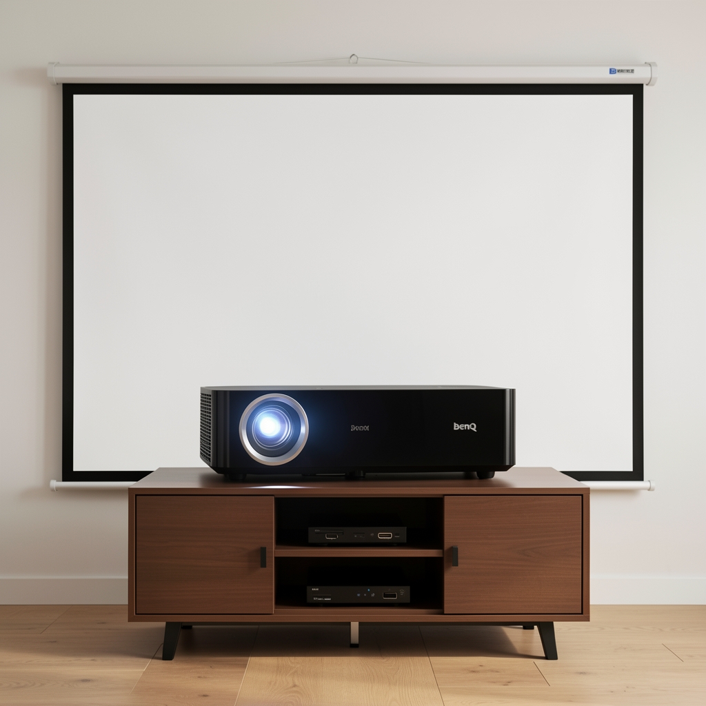 BenQ W4000i crni 4K laser projektor sa Android TV-om i dva HDMI porta prikazan na projektoru za kućno kino sa belim platnom iza