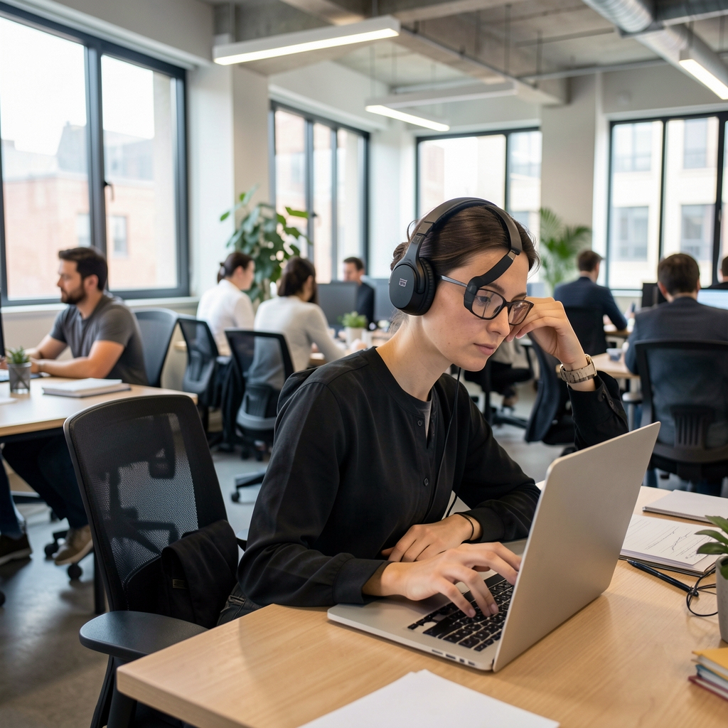 Osoba u bučnom open space kancelarijskom prostoru koja nosi crne noise-cancelling slušalice i radi koncentrirano za laptopom