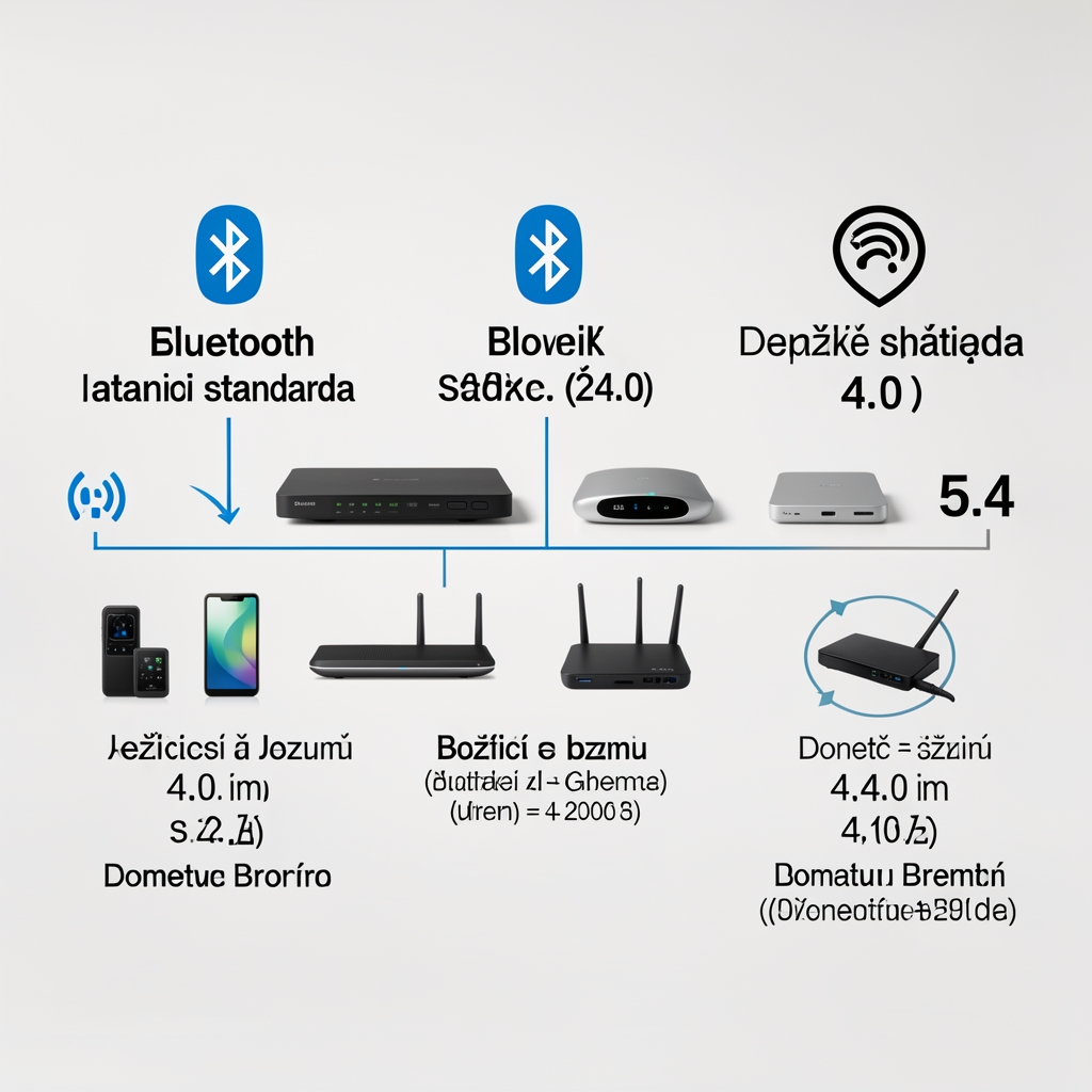 Grafički prikaz evolicije Bluetooth standarda od 4.0 do 5.4 sa ikonama bežičnih uređaja i informacijama o dometu i brzini