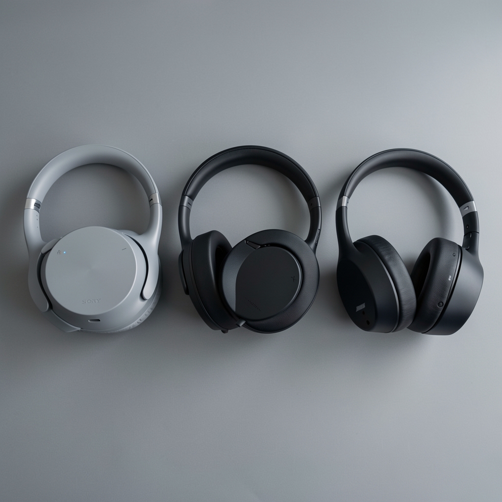 Prikaz tri modela premium over-ear slušalica — Sony WH-1000XM5, Bose QuietComfort 45 i Jabra Evolve2 75 — poređanih na sivoj podlozi sa tehničkim specifikacijama ispisanim pored svakog modela