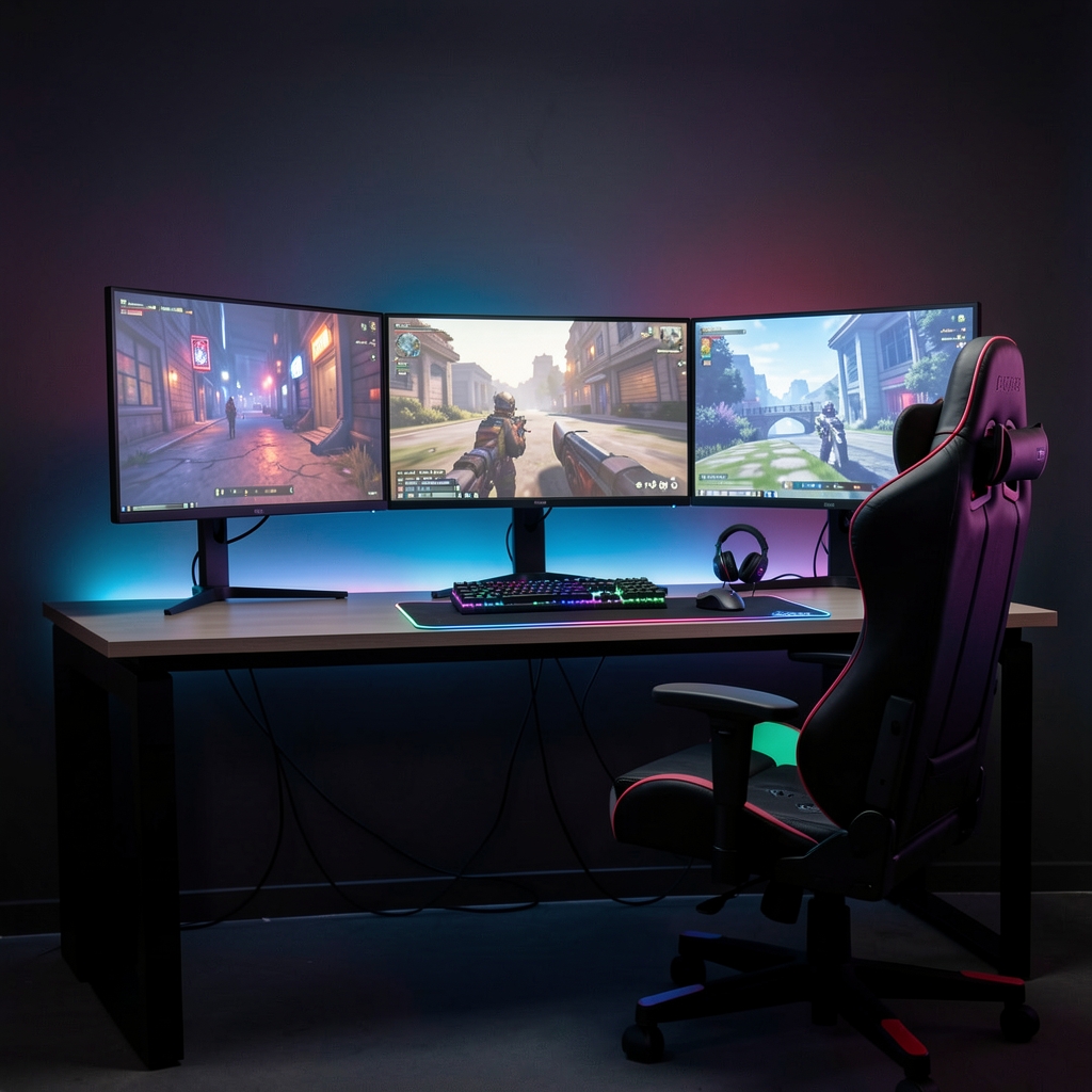 Kompletna gaming soba sa dual monitor setom, gaming foteljom u crvenoj boji i osvjetljenim police sa gaming opremom