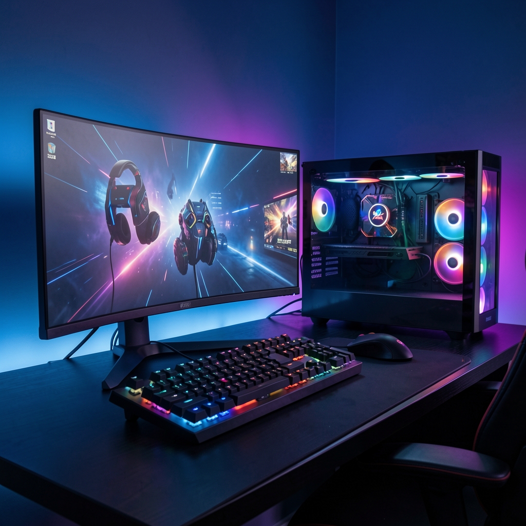 Gaming set-up sa monitors, RGB tipkovnicom i gaming slušalicama u tamnoj sobi sa plavim i ljubičastim LED osvjetljenjem