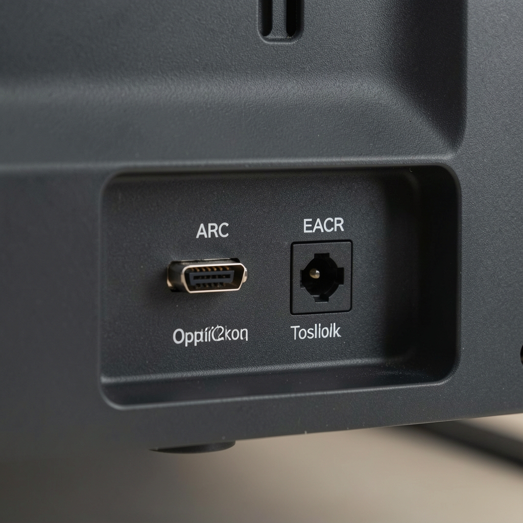 Detaljan prikaz HDMI 2.1 konektora i optičkog Toslink porta na zadnjoj strani modernog televizora sa etiketama za ARC i eARC portove