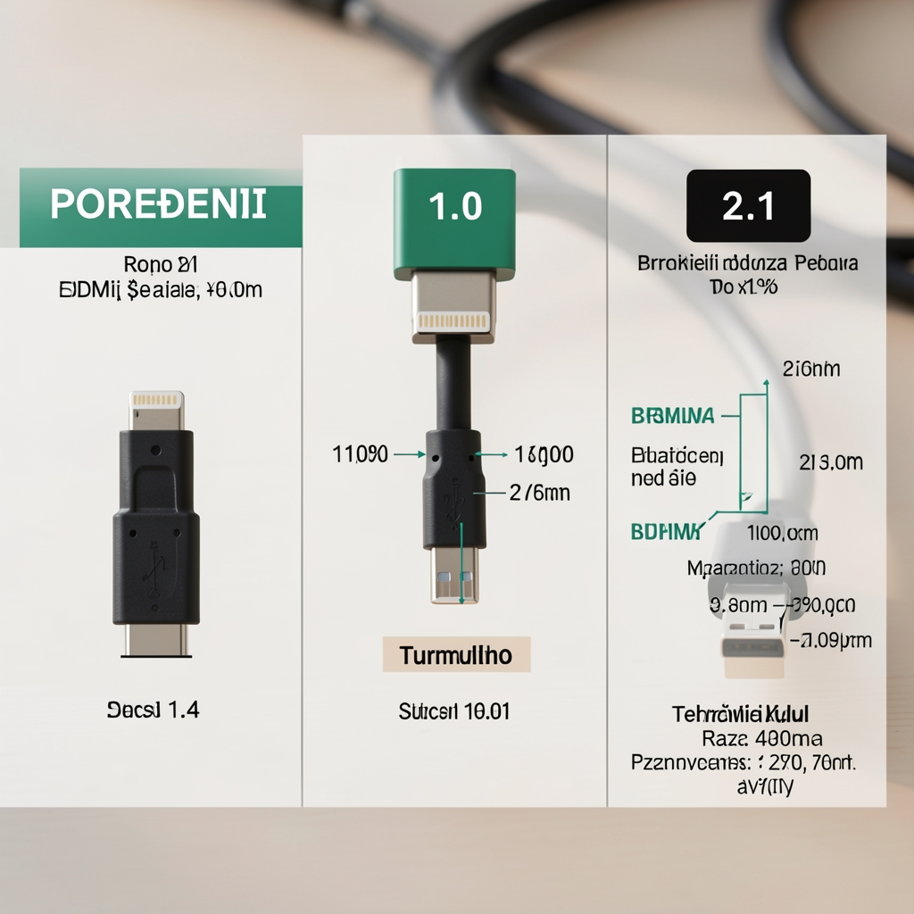 Poređenje HDMI kablova različitih generacija 1.4 2.0 i 2.1 sa tehničkim specifikacijama i brzinama prenosa podataka prikazanim na dijagramu