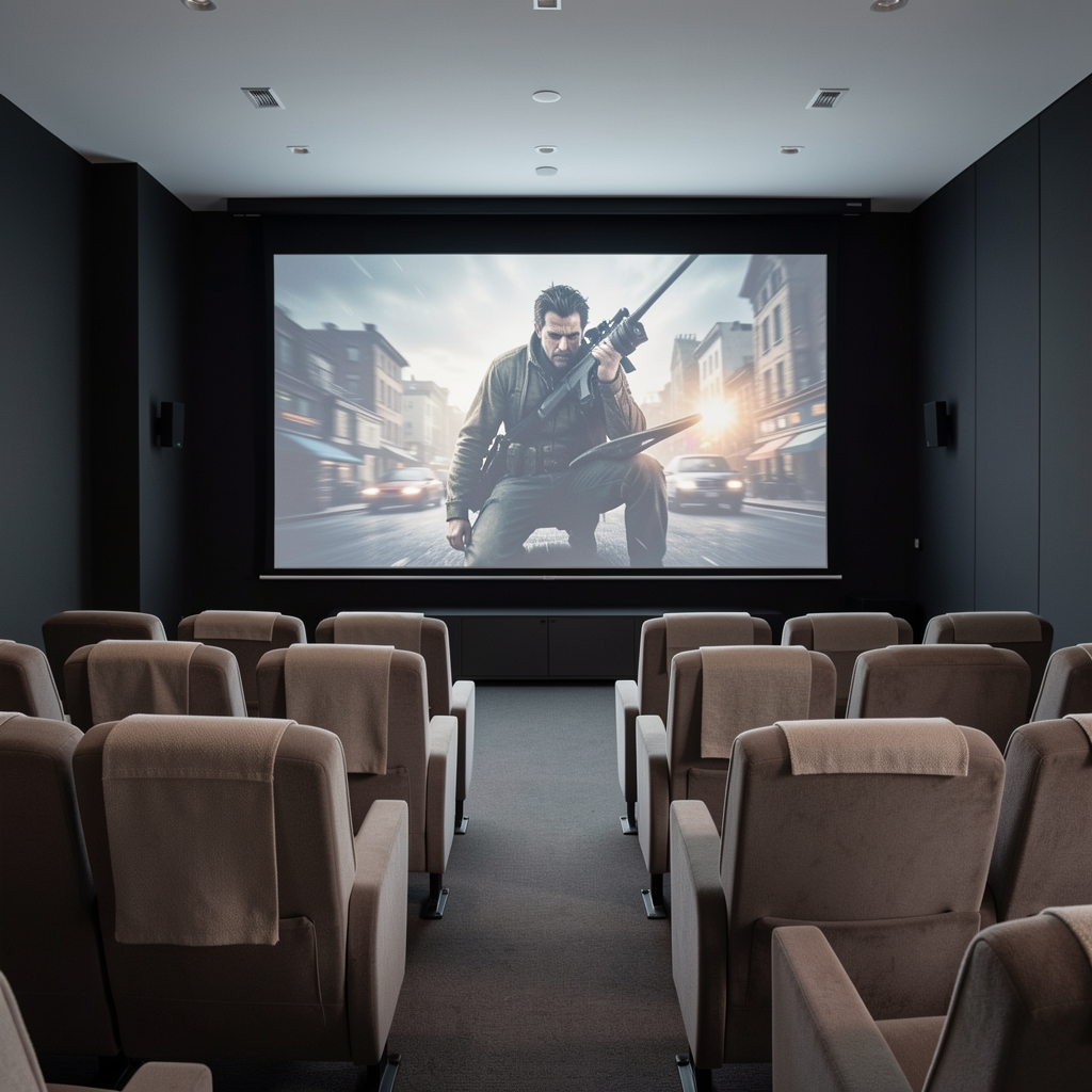 Udoban kućni bioskop sa projekcijom akcijskog filma na velikom belom platnu, tamnom prostorijom sa LED tračnicama, redom mekih sediša sa ćebadima i zdjelicama popcorna
