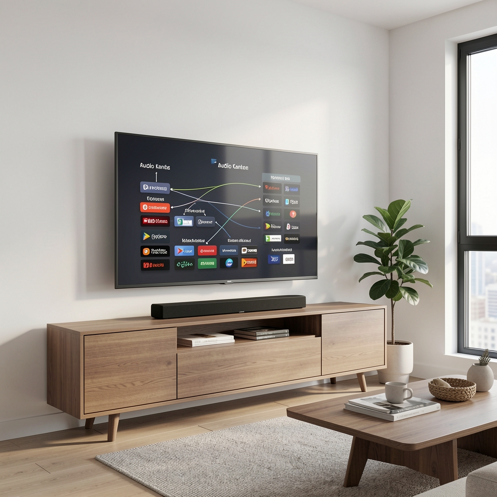 Moderni dnevni boravak sa soundbarom ispod televizora i infografikom koja prikazuje različite audio kanale i Dolby Atmos raspoređivanje zvuka
