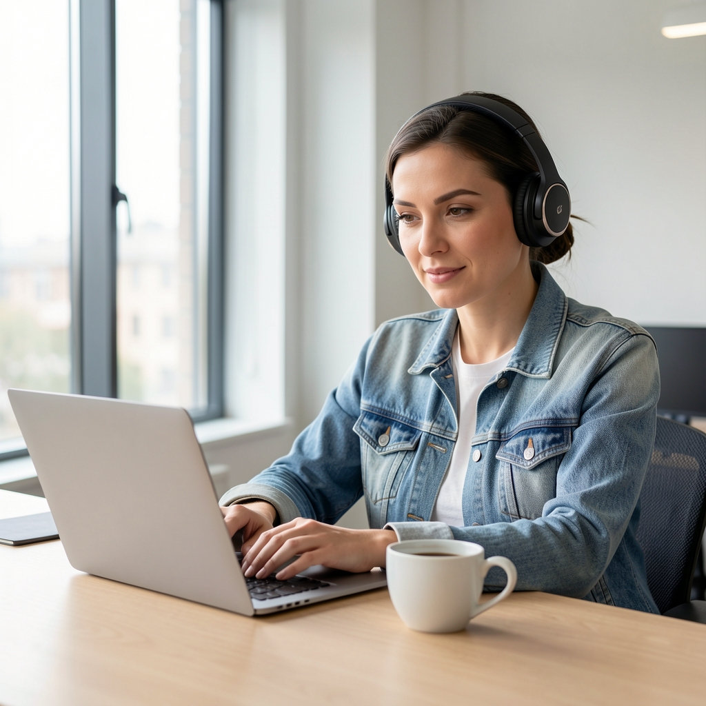 Osoba koja nosi premium over-ear slušalice u modernom, svetlom radnom prostoru sa laptopom i šoljom kafe na stolu