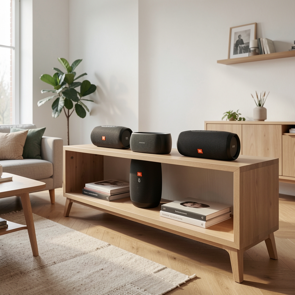 Kolekcija premijum bežičnih Bluetooth zvučnika JBL Charge 5, Bose SoundLink Max i Marshall Stanmore III na svetloj drvenoj polici u modernom skandinavski uređenom dnevnom boravku