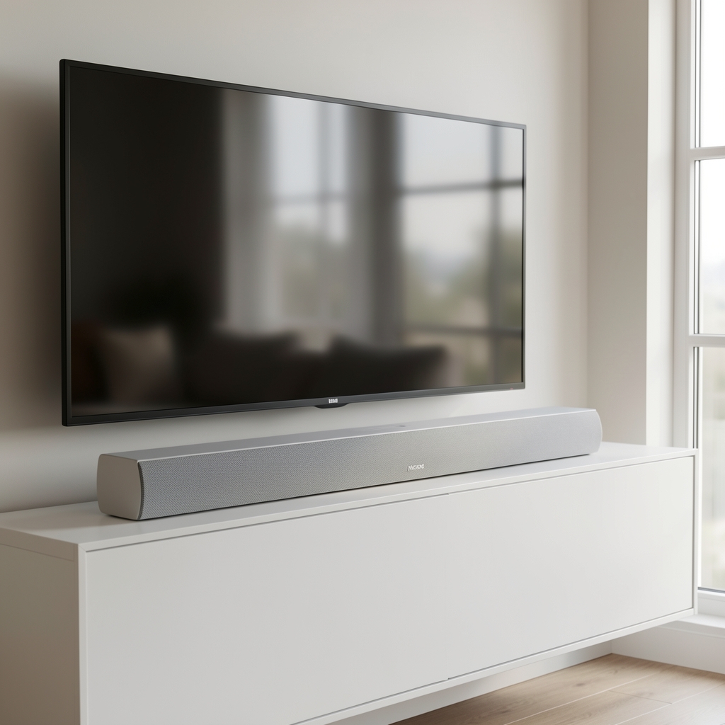 Bose Smart Ultra Soundbar beli tanki premium soundbar sa minimalističkim dizajnom na bijeloj polici ispod televizora