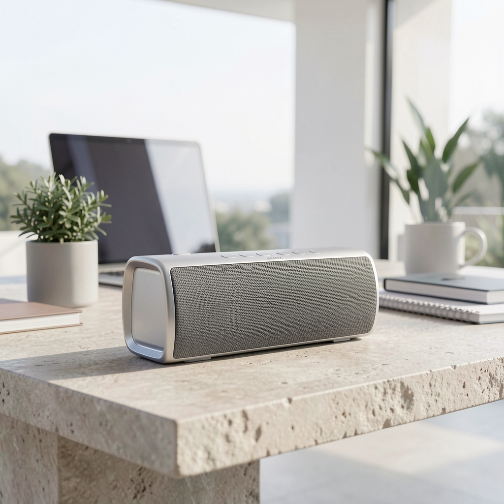 Bose SoundLink Max premium portabilni zvučnik u sivoj boji sa tkaninom i aluminijumskim akcentima, prikazan na kamenom stolu na otvorenom