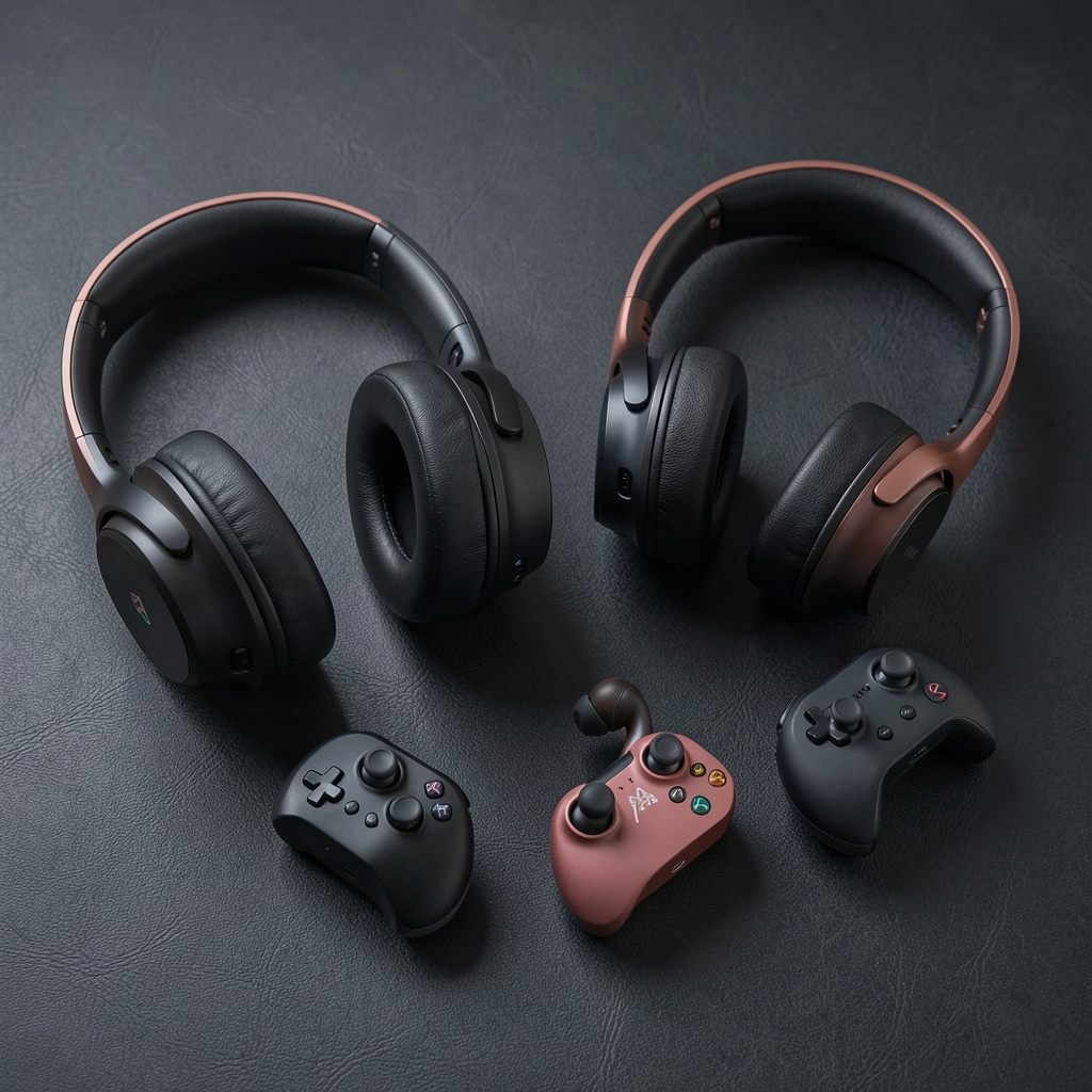 Profesionalni prikaz različitih tipova slušalica — over-ear, in-ear i gaming modeli premium brendova raspoređeni na tamnoj teksturiranoj površini