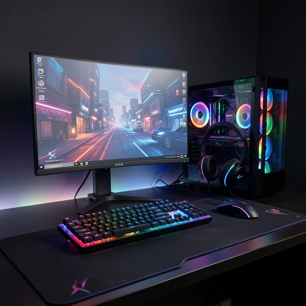 Gaming workstation sa RGB osvetljenjem, gaming monitorom, mehaničkom tastaturom i gaming slušalicama u tamnoj prostoriji