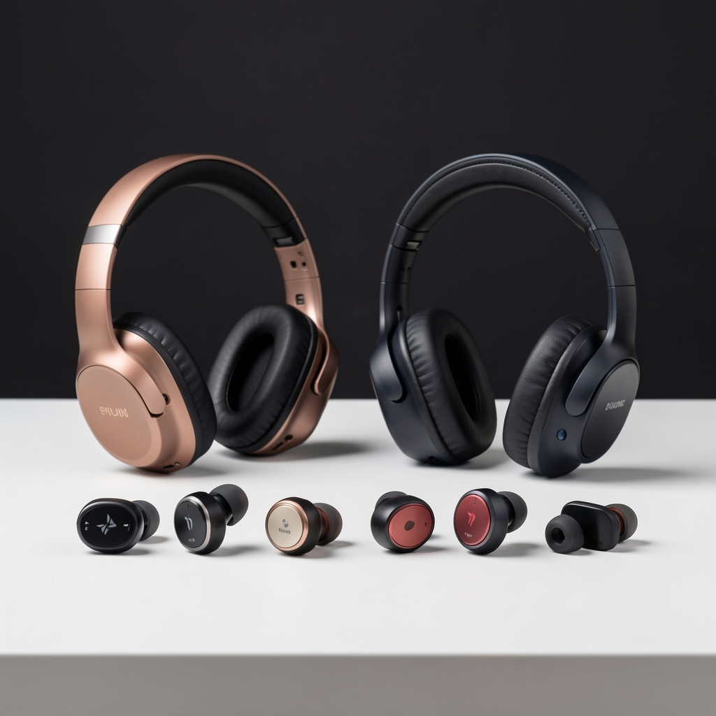 Kolekcija premium over-ear i in-ear slušalica različitih brendova poređanih na bijeloj površini sa tamnom pozadinom