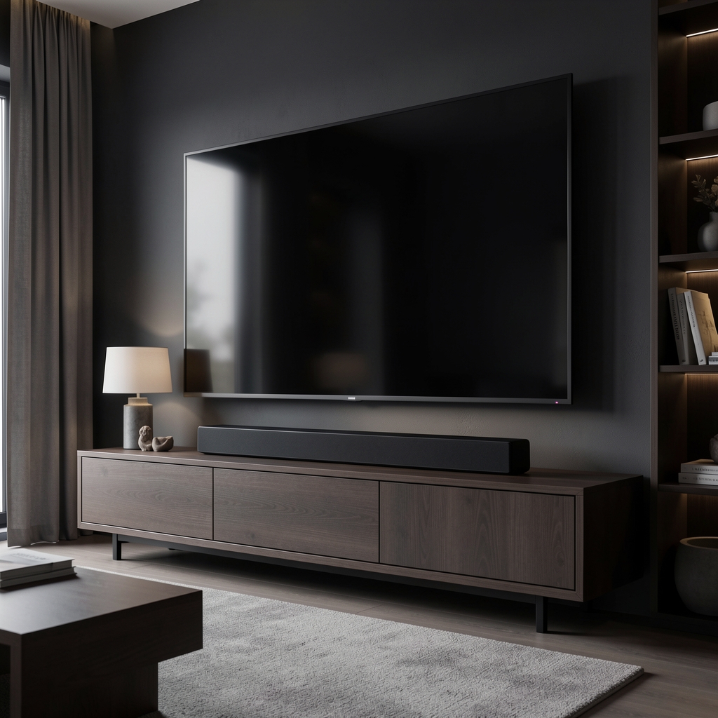 Elegantni soundbar uređaj postavljen ispod velikog televizora u tamnom minimalističkom dnevnom boravku sa mekanim osvetljenjem