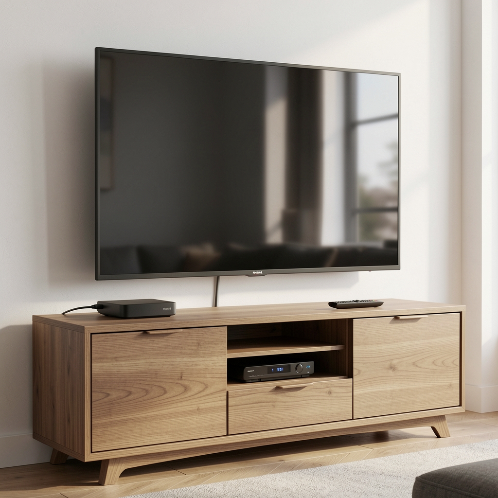 Moderna TV konzola sa HDMI kablovima, streaming uređajem i daljinskim upravljačem ispred televizora na zidu