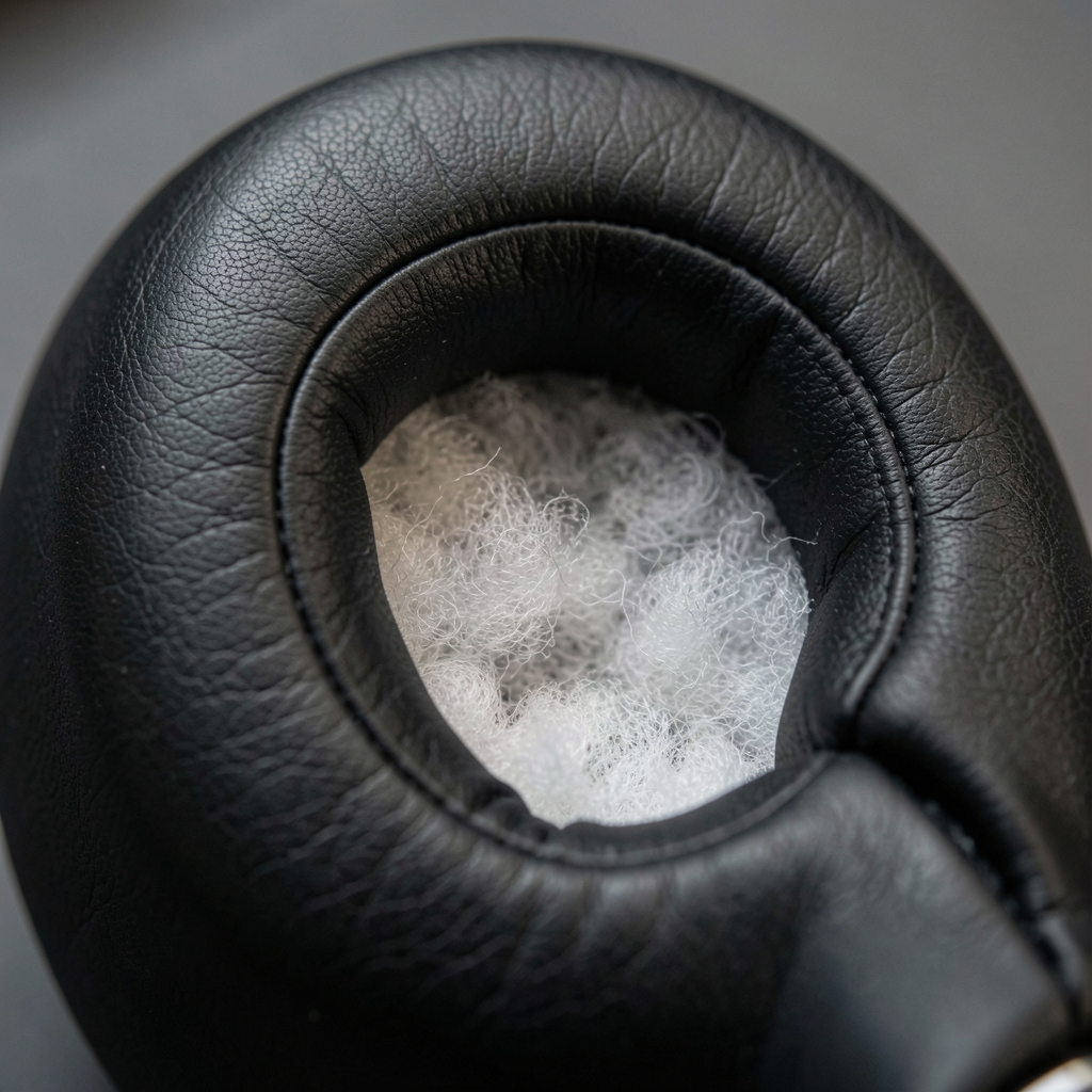Detalj memorijskog jastučića HyperX Cloud Alpha prikazan izbliza koji pokazuje teksturu veštačke kože i pjenaste unutrašnjosti