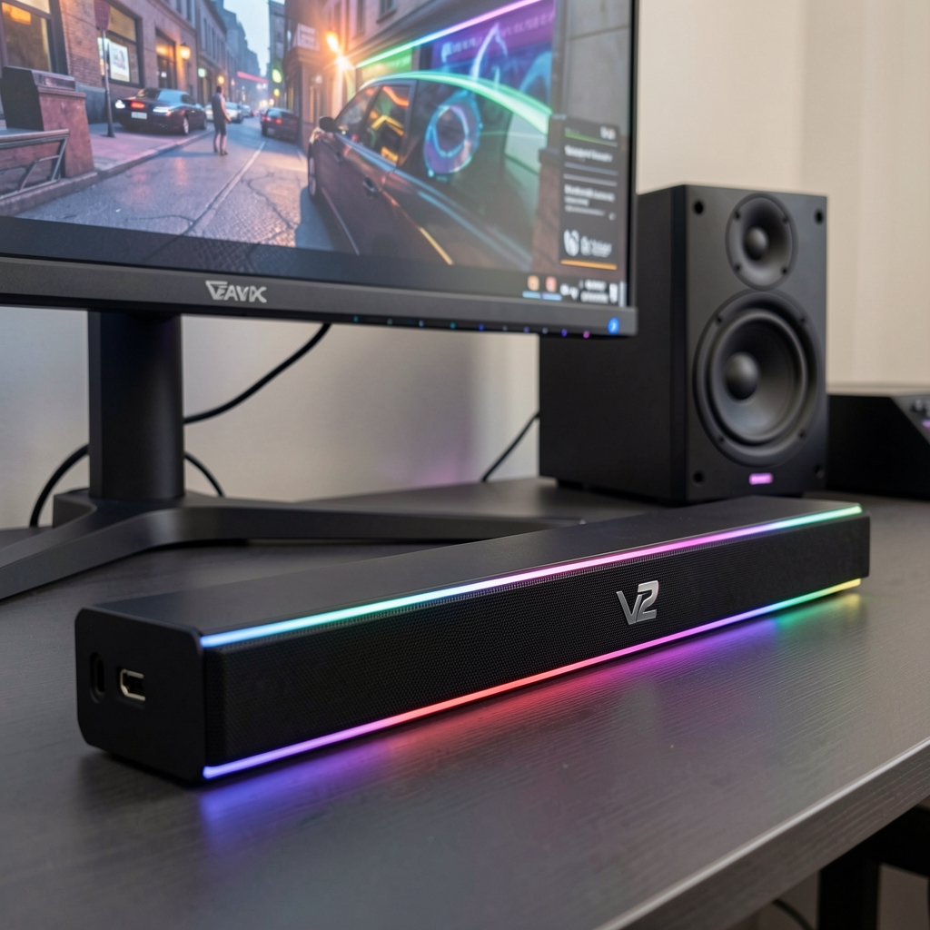 Razer Leviathan V2 gaming soundbar u crnoj boji sa Chroma RGB svetlosnim efektima duž ivice, subwooferom pozadi i USB-C konektorom prikazan ispred gaming monitora