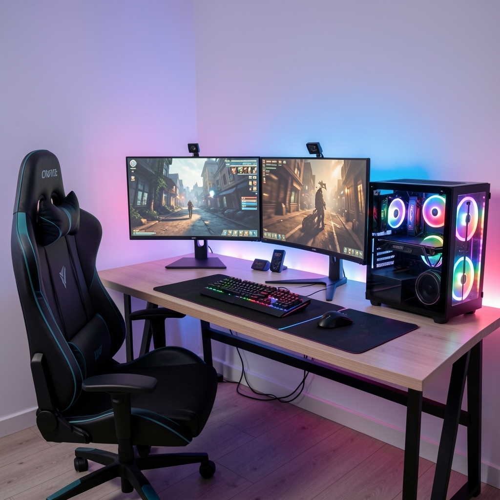 Profesionalna gaming soba sa dva monitora, RGB osvjetljenjem na zidovima, gaming stolicom, gaming tastaturom i kompletnom gaming opremom na urednom stolu