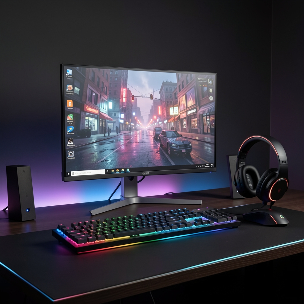 Profesionalni gaming setup sa RGB osvetljenjem, gaming monitorom, mehaničkom tastaturom i gaming slušalicama na urednom stolu u tamnoj sobi
