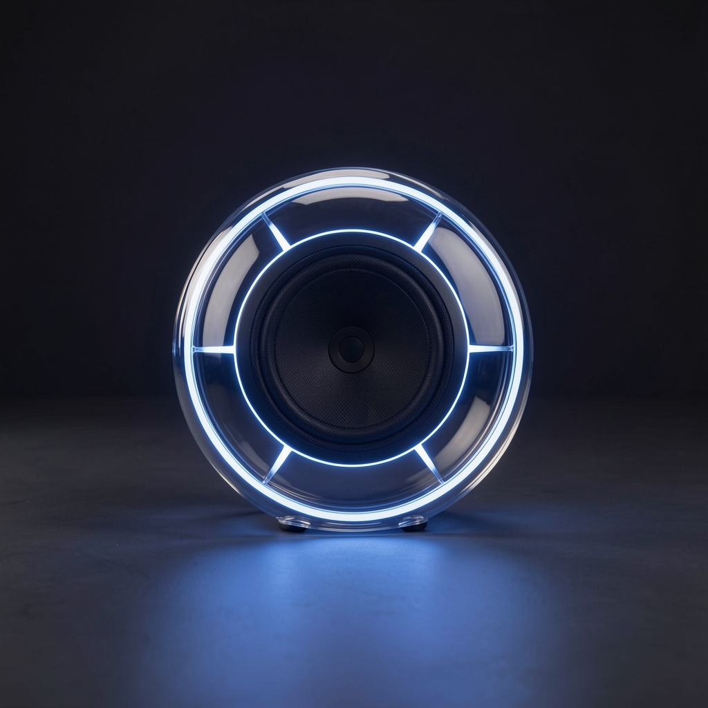 Harman Kardon Aura Studio 3 okrugli stakleni luksuzni bluetooth zvučnik sa plavim LED osvjetljenjem prikazan u tamnoj prostoriji