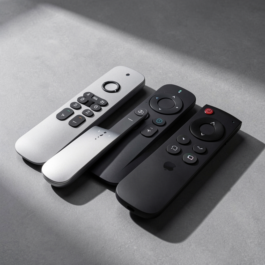 Kolekcija modernih daljinskih upravljača — univerzalni Logitech Harmony, Samsung Smart Control i Apple TV remote raspoređeni na sivoj podlozi sa dramatičnim bočnim osvjetljenjem