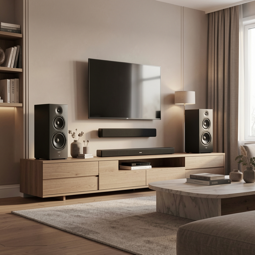 Moderno kućno audio-vizuelno okruženje sa premium slušalicama, bežičnim zvučnicima i soundbar uređajem u elegantno uređenoj sobi sa mekanim osvetljenjem