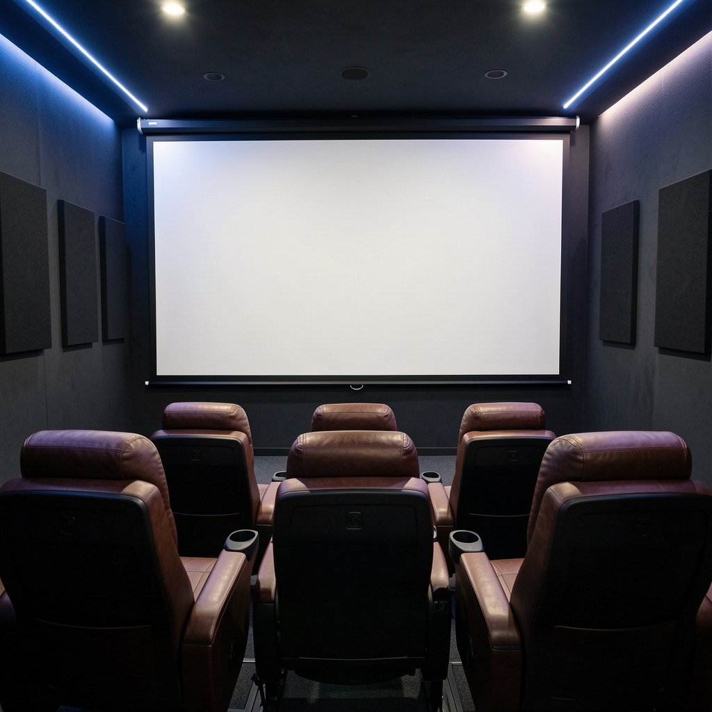 Luksuzna tamna soba za kućno kino sa tri reda elegantnih filmskih sedišta, 4K projekcijom na velikom bijelom platnu, akustičnim paneliima na zidovima i ambijentanim LED osvetljenjem