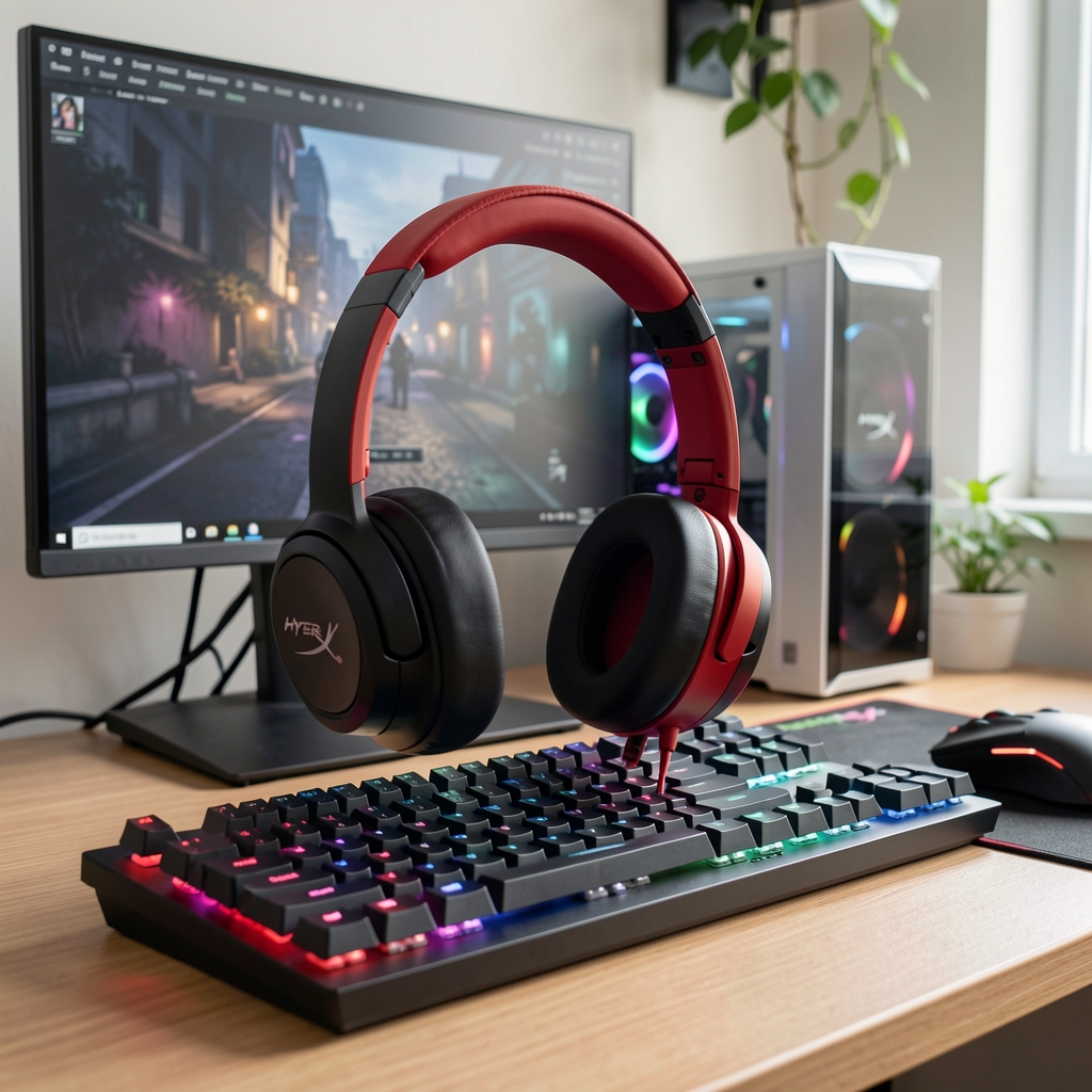 HyperX Cloud Alpha Wireless gaming headset crveno-crne boje sa memorijskom penom, prikazan na gaming tastaturom ispred PC monitora