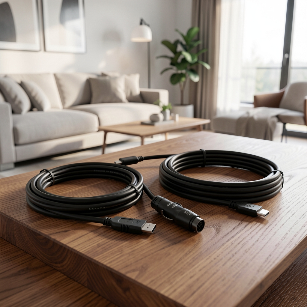 Kolekcija raznovrsnih audio i video kablova — HDMI, optički, XLR, USB-C kablovi pažljivo složeni na drvenoj podlozi u modernom domu