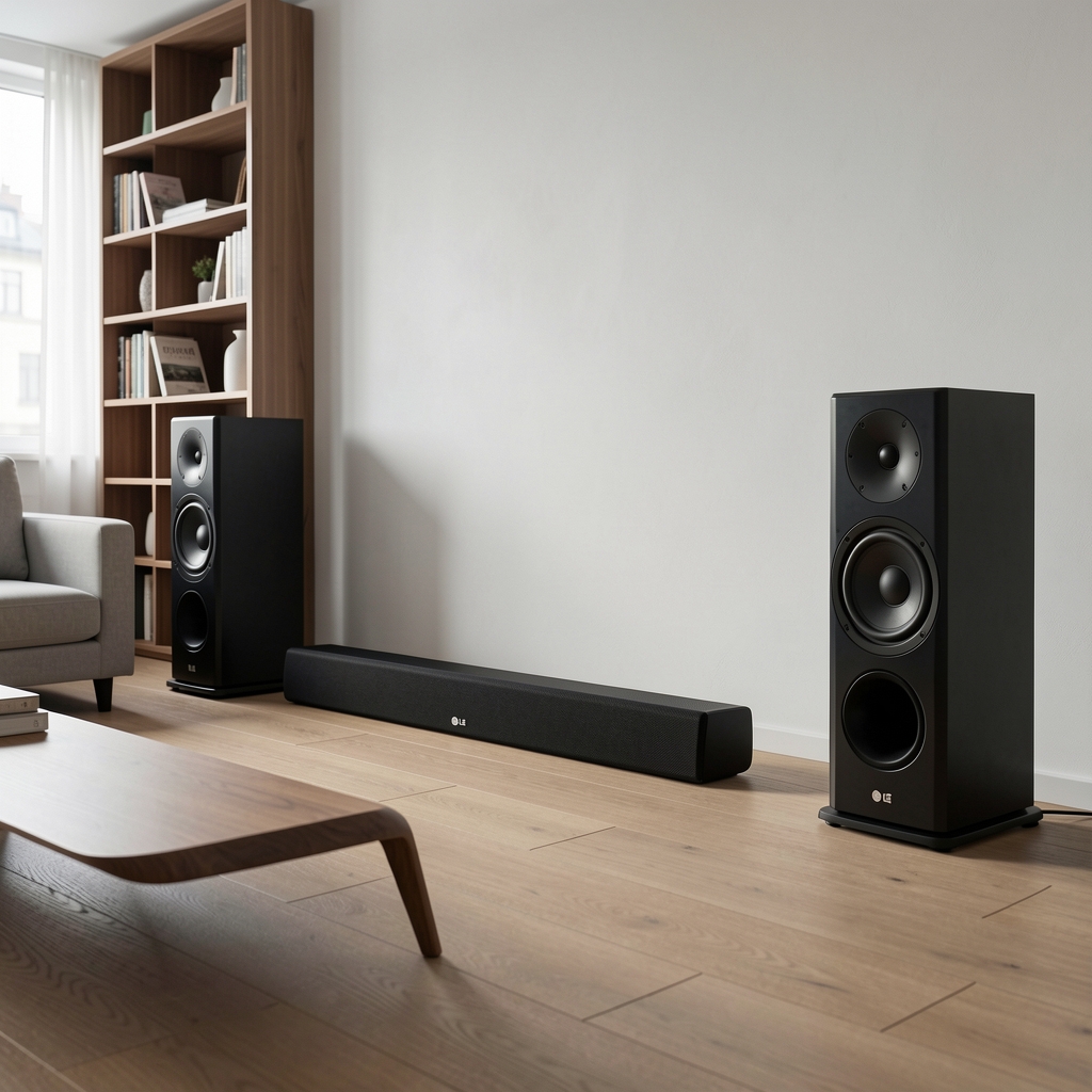 LG S95QR 9.1.5 kanalni soundbar crne boje sa bežičnim subwooferom i pozadinskim zvučnicima postavljenim u modernoj dnevnoj sobi