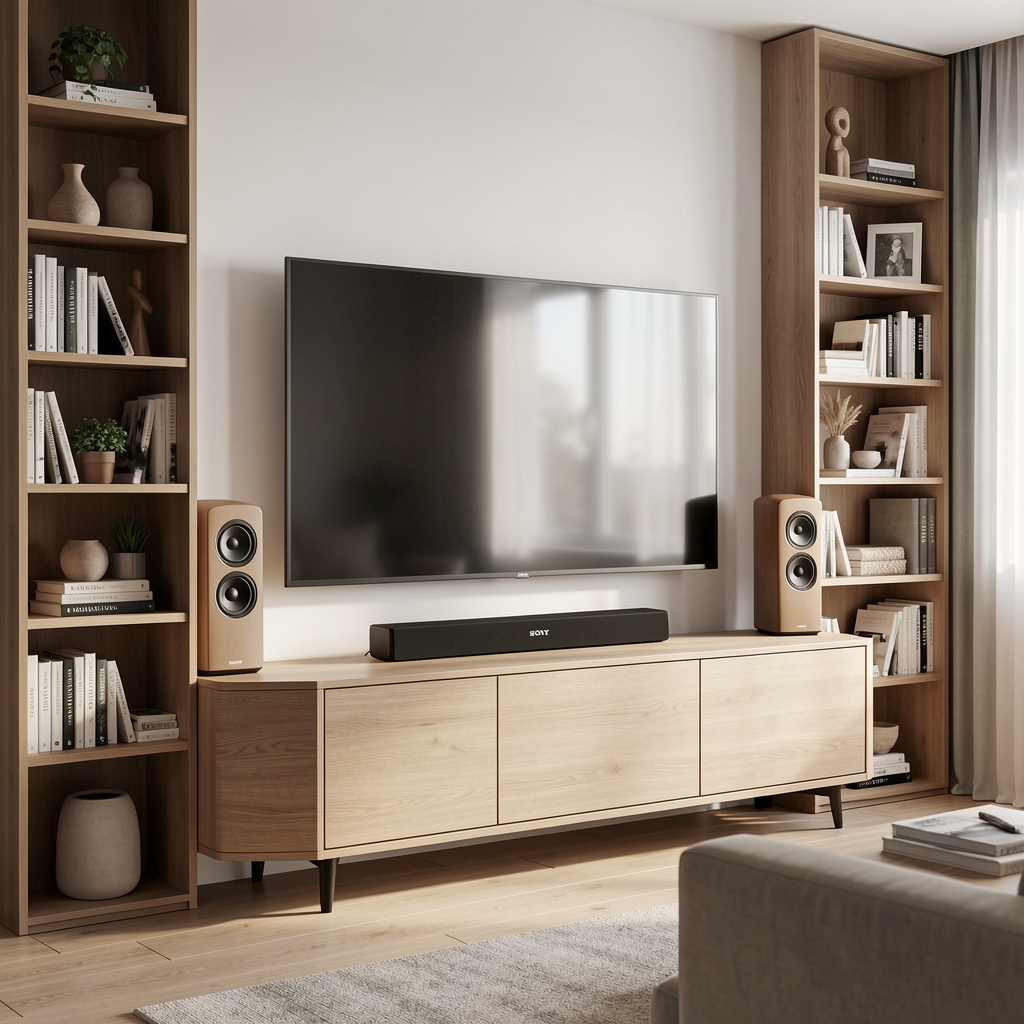 Svetla moderna dnevna soba sa velikim OLED televizorom, Sony soundbarom ispod njega i elegantnim Sonos zvučnicima na policama sa knjigama i dekoracijom