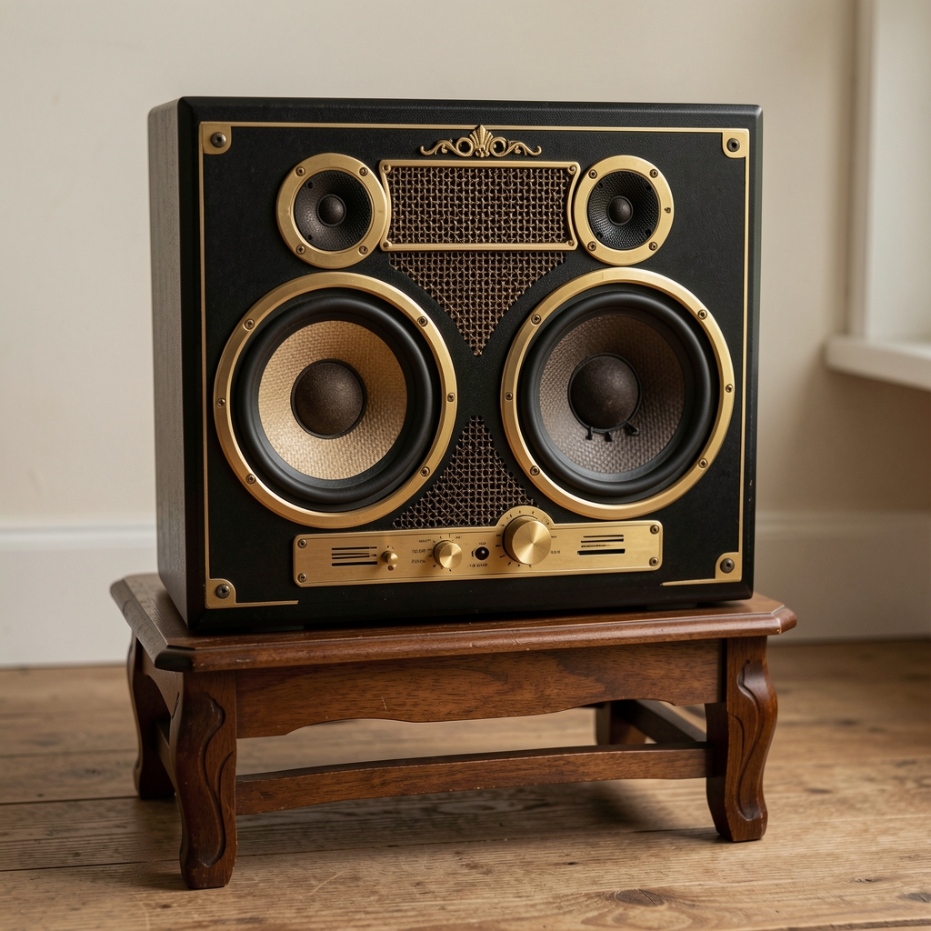 Marshall Stanmore III vintage dizajn kućni stereo zvučnik u crnoj boji sa zlatnim detaljima i klasičnom tekstilnom rešetkom na drvenom postolju