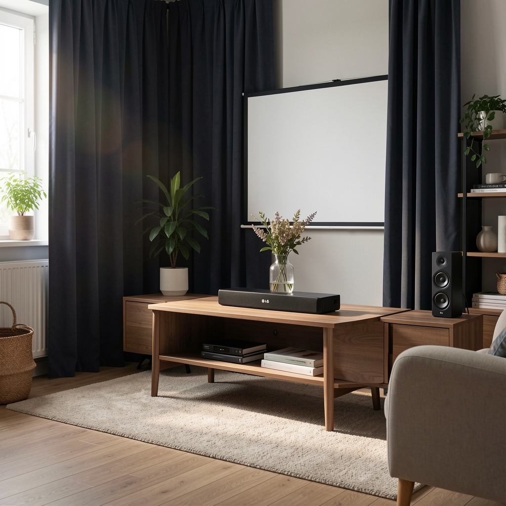 Mid-range kućno kino set sa LG soundbarom 5.1 kanali i Optoma Full HD projektorom postavljen u uređenoj dnevnoj sobi sa tamnom zavjesom