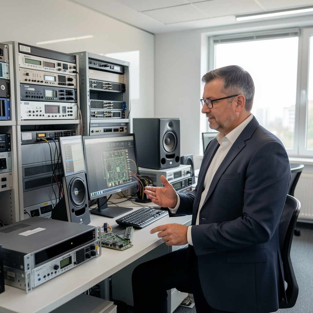 Tim Sonivora stručnjaka za elektroniku u modernoj kancelariji u Nišu, okruženi audio opremom i uređajima, razgovaraju o tehničkim specifikacijama