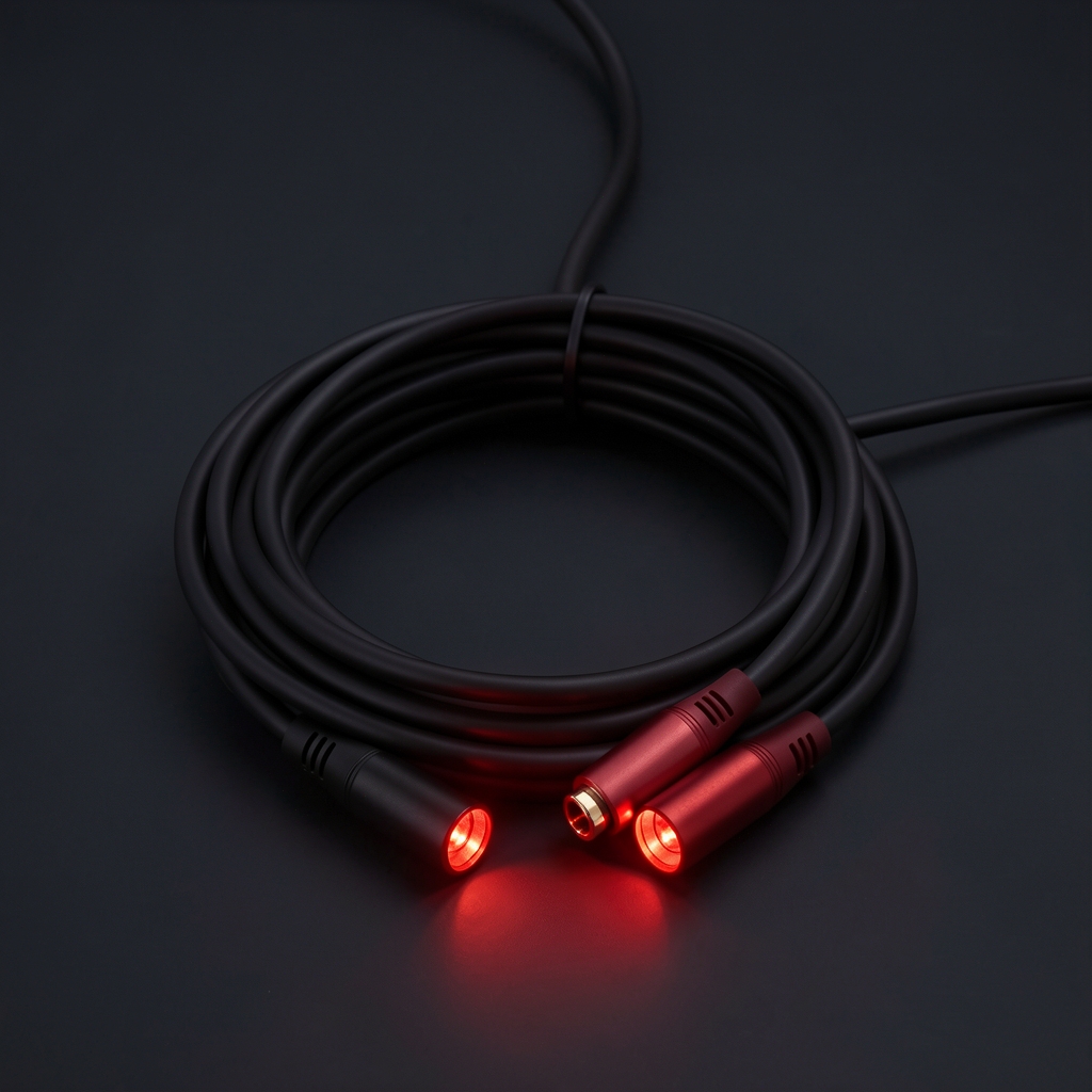 Premium optički Toslink audio kabl 3 metra crne boje sa crvenim prosvjetljenim konektorima koji sijaju na tamnoj pozadini
