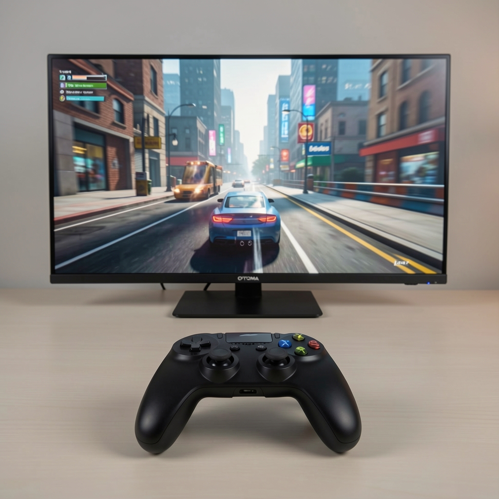 Optoma GT1090HDR crni gaming short throw projektor za igranje sa velikom slikom i minimalnom distancom, prikazan sa gamepadom ispred njega