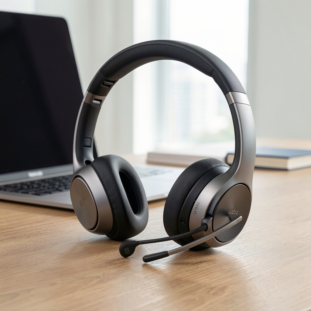 Jabra Evolve2 75 poslovne over-ear slušalice u titanijum sivo-crnoj boji sa retraktabilnim mikrofonom, prikazane na radnom stolu uz laptop