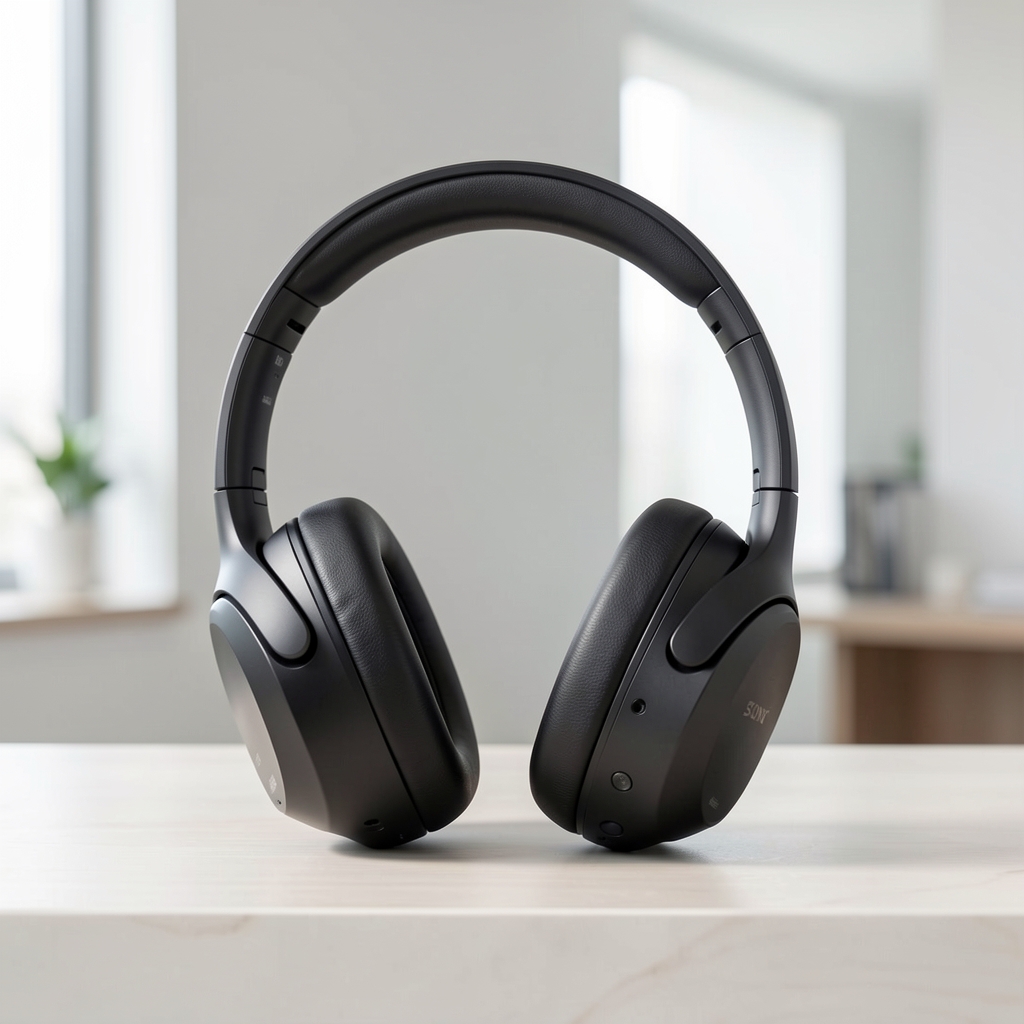 Sony WH-1000XM5 crne over-ear slušalice sa sklopivim naglavnim lukom, prikazane s prednje strane na svetloj podlozi sa isticanjem detalja jastučića