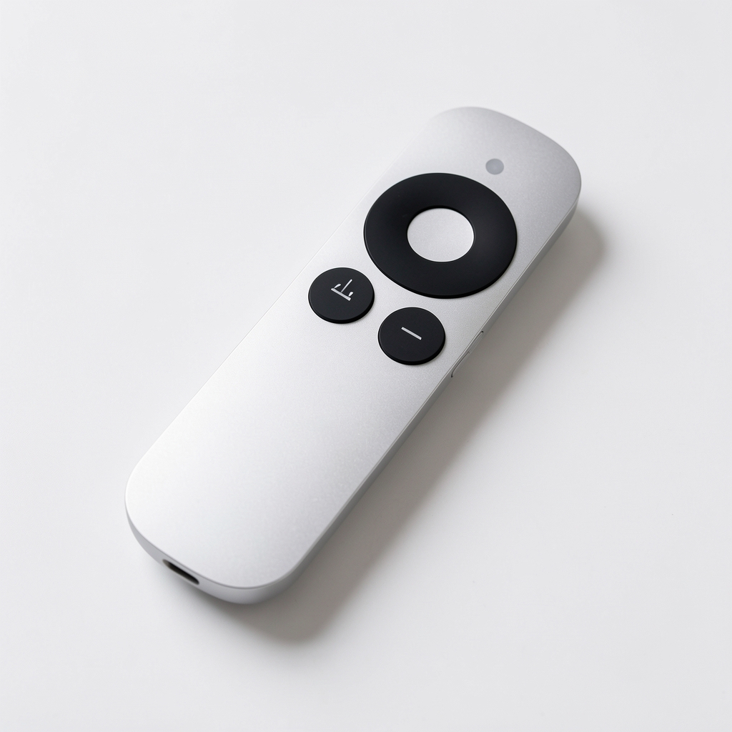 Apple TV Remote treće generacije u srebrnoj aluminijumskoj boji sa touch padom i Siri dugmetom, prikazan iz ptičje perspektive na beloj podlozi