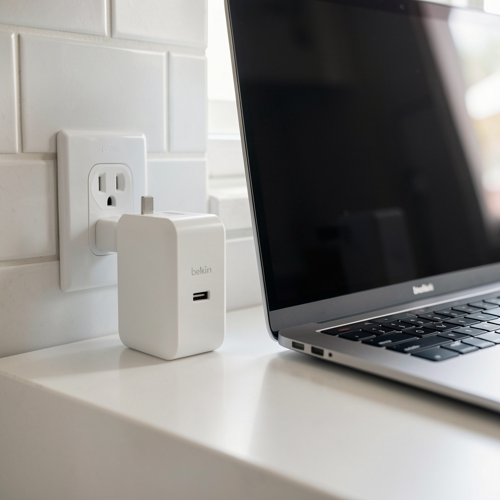 Belkin BoostCharge Pro 67W GaN punjač u beloj boji sa dva USB-C porta, prikazan u utičnici na kuhinjskom pultu pored MacBook Air laptopa
