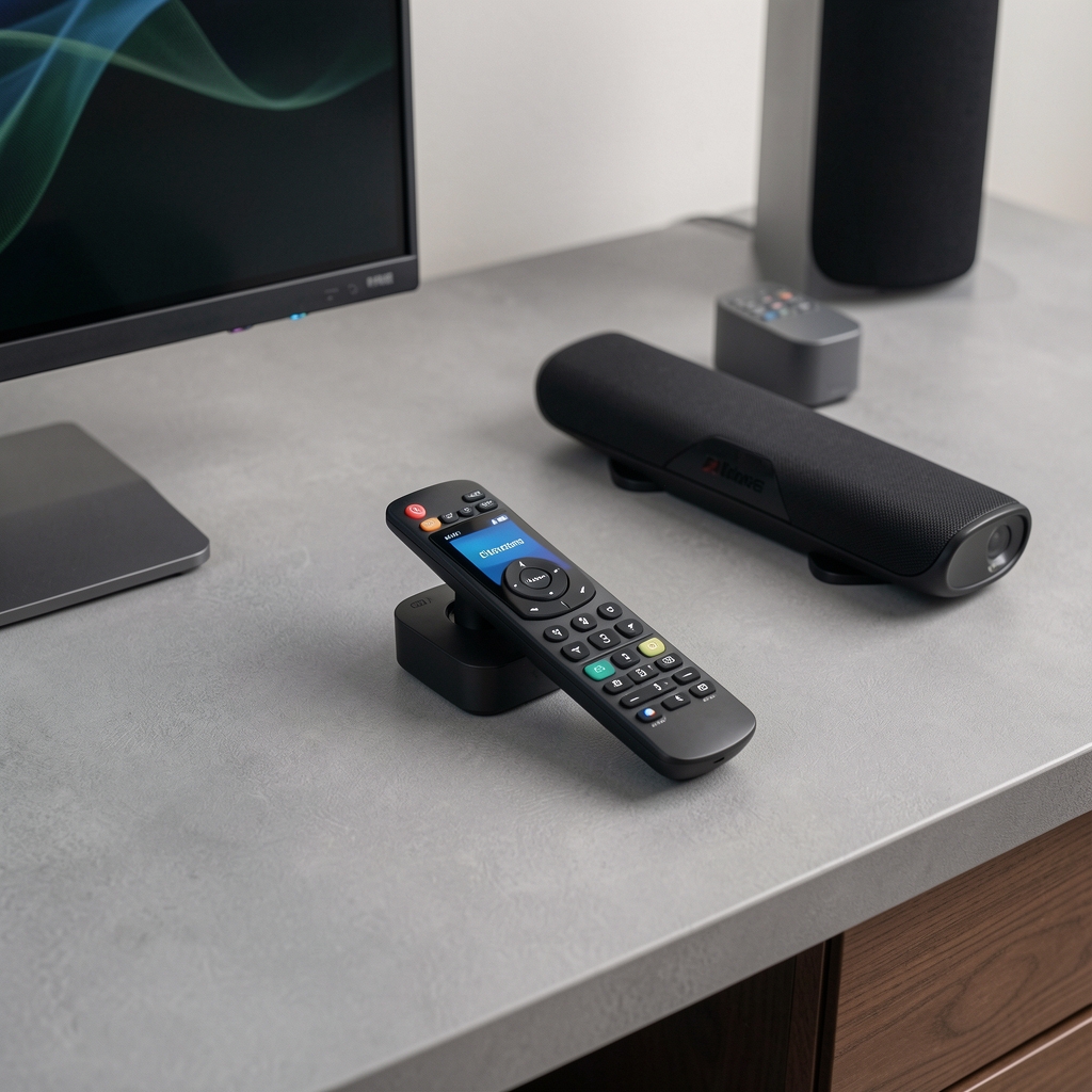 Logitech Harmony Elite univerzalni daljinski upravljač sa OLED ekranom i charge bazom, prikazan na sivom stolu pored TV daljinskog i soundbar upravljača