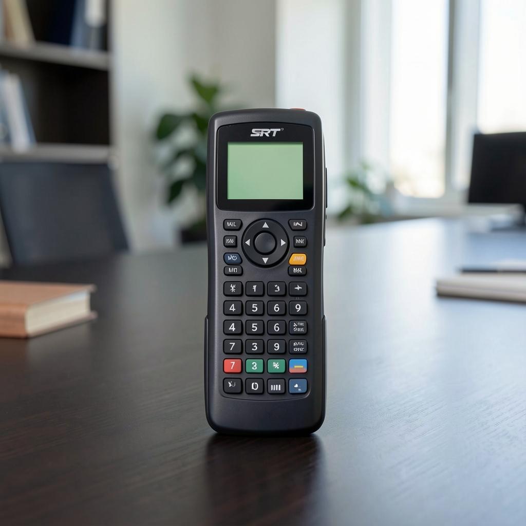Philips Prestigo SRT9320 programabilni univerzalni daljinski upravljač u tamnoj boji sa pozadinskim osvetljenjem tastature i LCD ekranom, snimljen na tamnom stolu u kancelariji