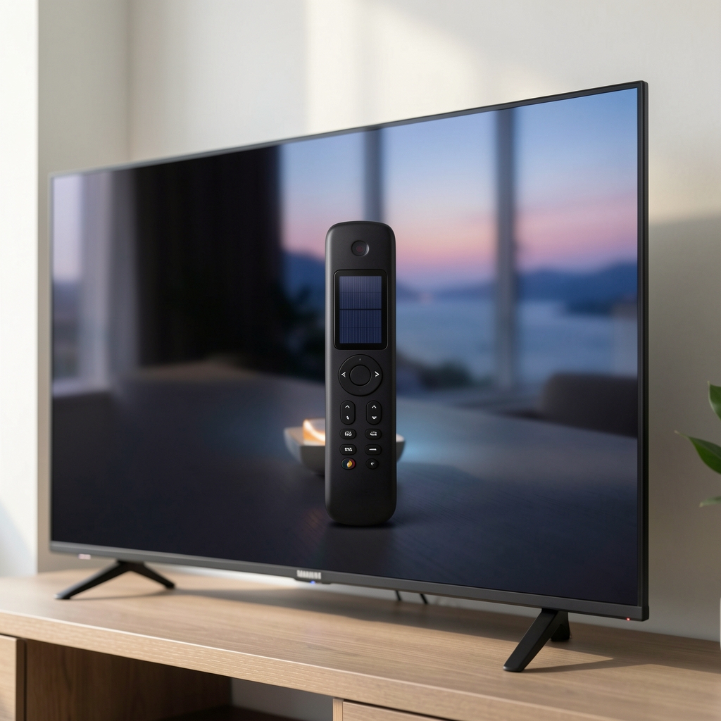 Samsung Smart TV daljinski upravljač 2024 u mat crnoj boji sa solarnim punjenjem i minimalnim dizajnom bez baterija, prikazan na Samsung QD-OLED televizoru u pozadini