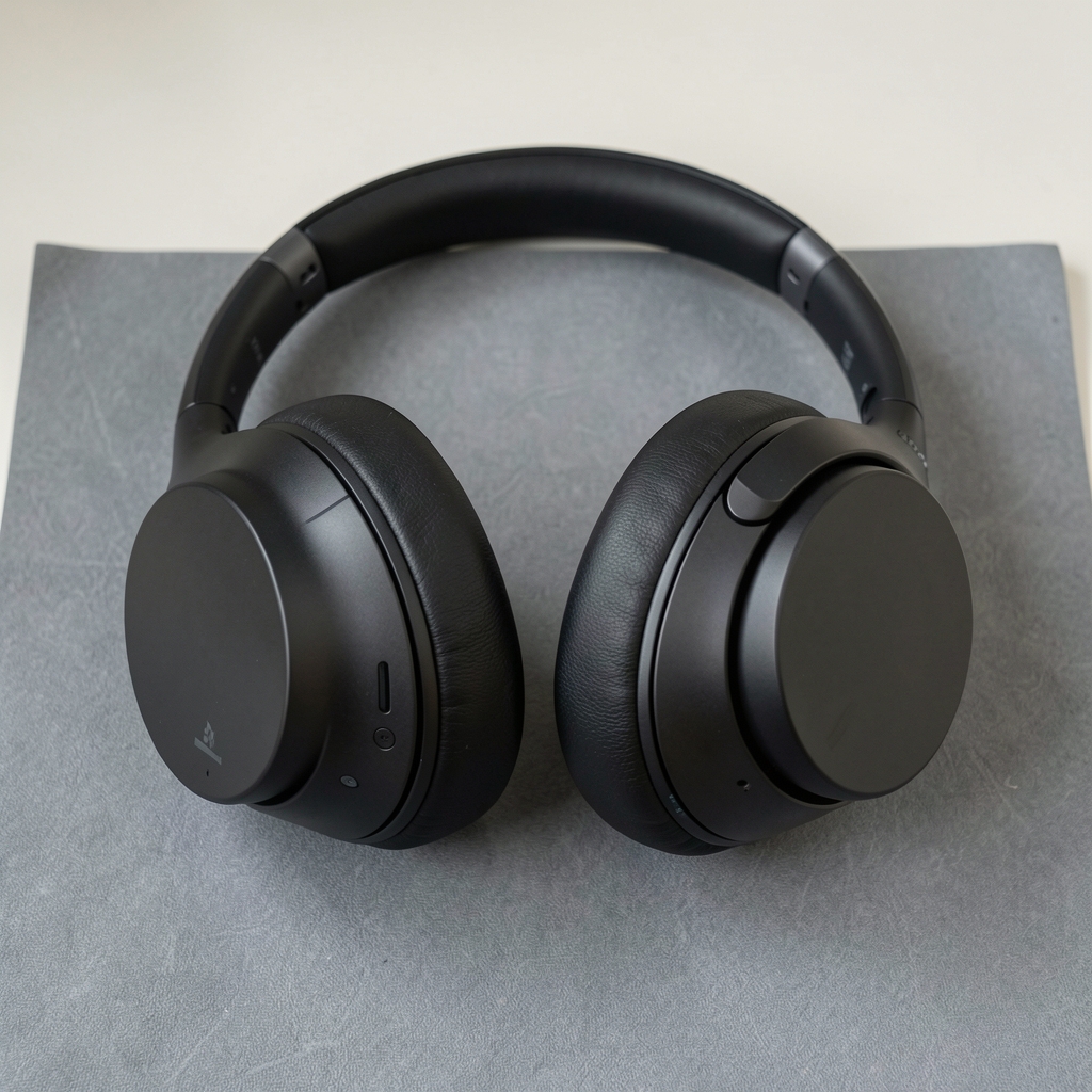 Sony WH-1000XM5 premium crne over-ear slušalice sa aktivnom eliminacijom šuma položene na neutralnoj sivoj podlozi