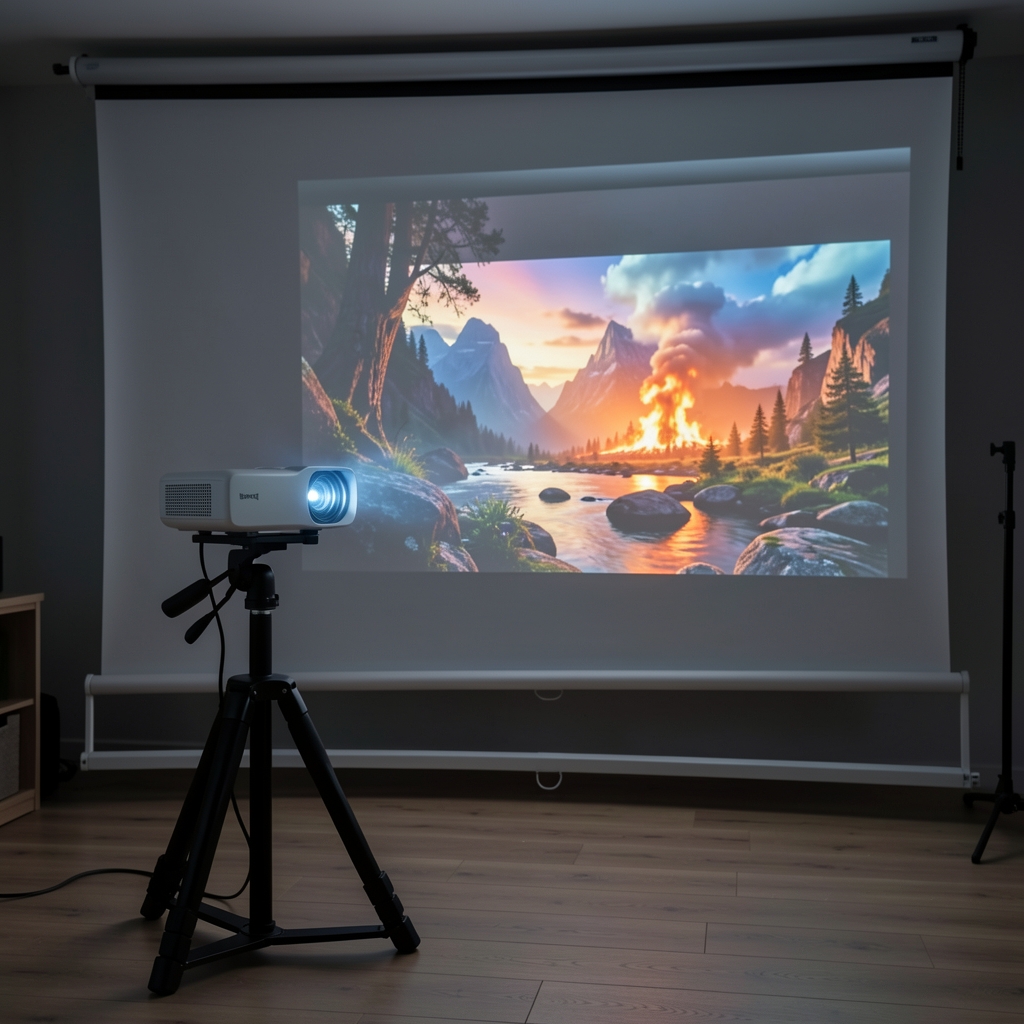 BenQ W4000i beli 4K laser projektor modernog dizajna postavljen na projektujućem stalku u zamračenoj sobi za kućni bioskop, projektuje živopisnu 4K sliku na bijelom platnu