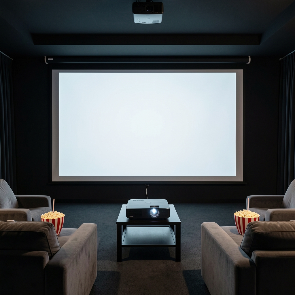 4K laser projektor koji projektuje jasnu sliku na velikom belom platnu u tamnoj prostoriji uređenoj kao kućno kino sa udobnim foteljama i popcornom