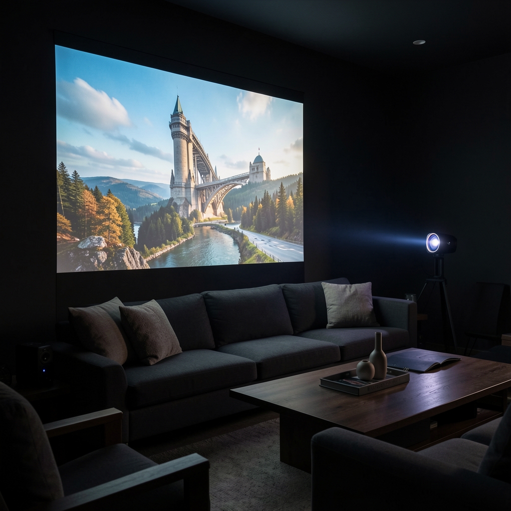 LG HU85LS CineBeam beli kompaktni laser projektor sa ultra kratkim bacanjem, projektuje veliku sliku na zid sa samo nekoliko centimetara razdaljine, prikazano u tamnoj sobi sa projiciranom 4K slikom