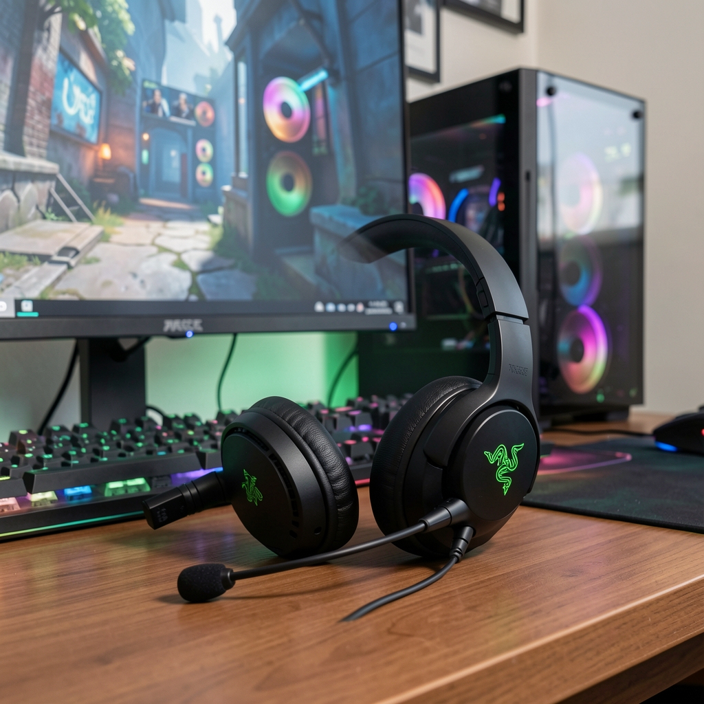 Razer BlackShark V2 Pro gaming slušalice crne boje sa zelenim Razer logom i odvojivim mikrofonom, prikazane na stolu pored gaming monitora